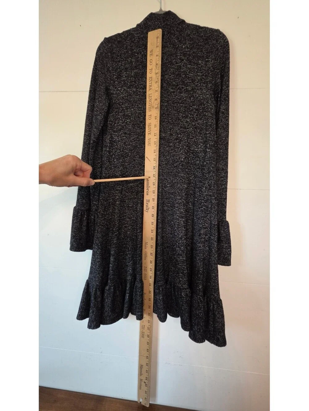 EUC Express Gray Knit Sweater Dress Mock Neck Bell Sleeve Ruffle Hem Sz S, #102